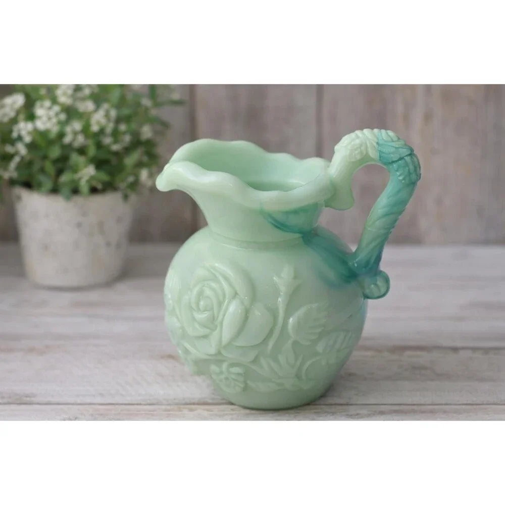 Vintage Avon Green Glass Pitcher Vase / Jadeite Style Floral Rose Relief / Cotta